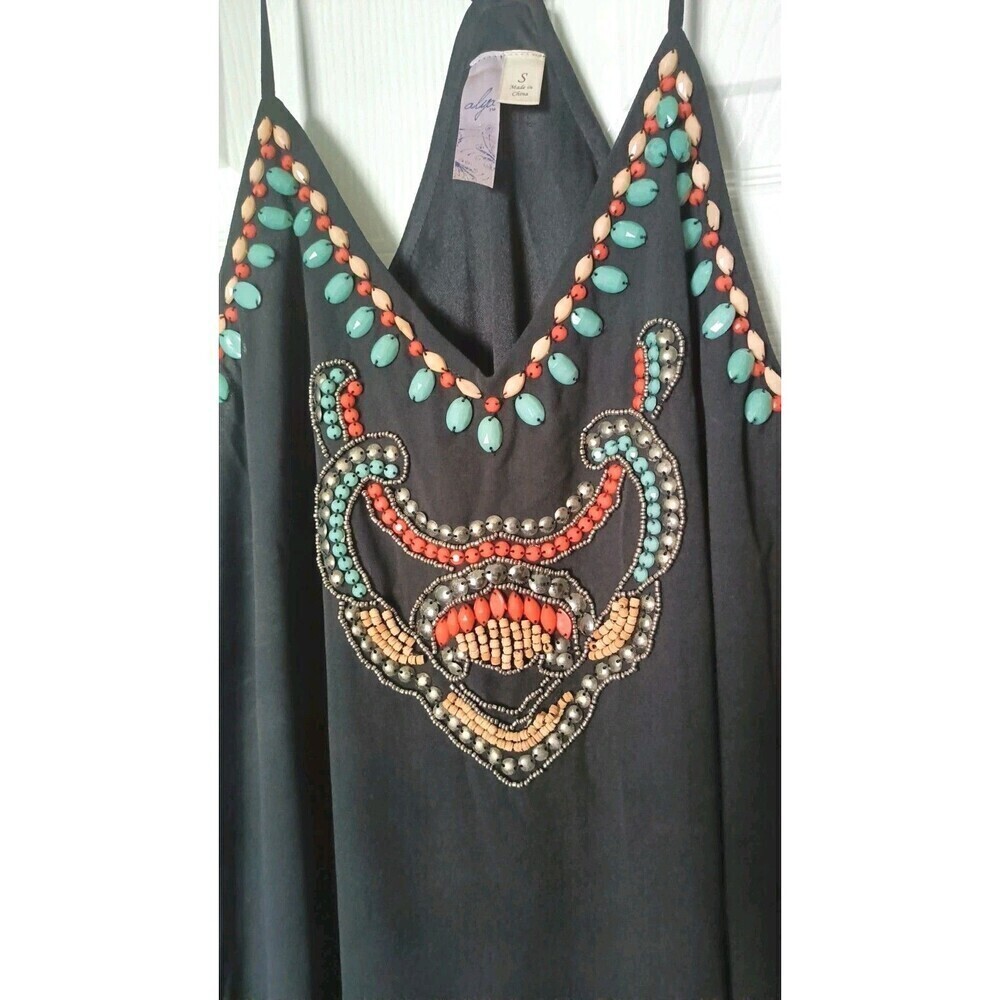 Alya Sheer Dress Size Small Black Turquoise Beaded Neckline Spaghetti Strap - Picture 5 of 7